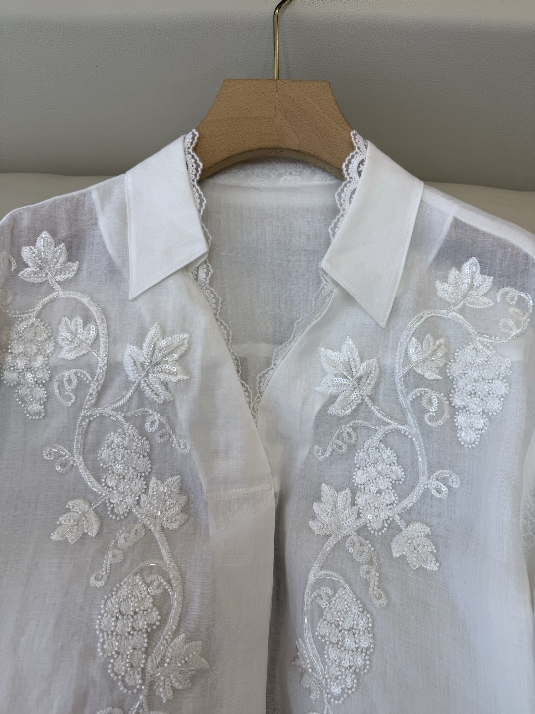 BS1160#新款衬衫。zimm 重工绣花珠片 100% 苎麻 蕾丝长袖衬衫 白色 SMLX L
