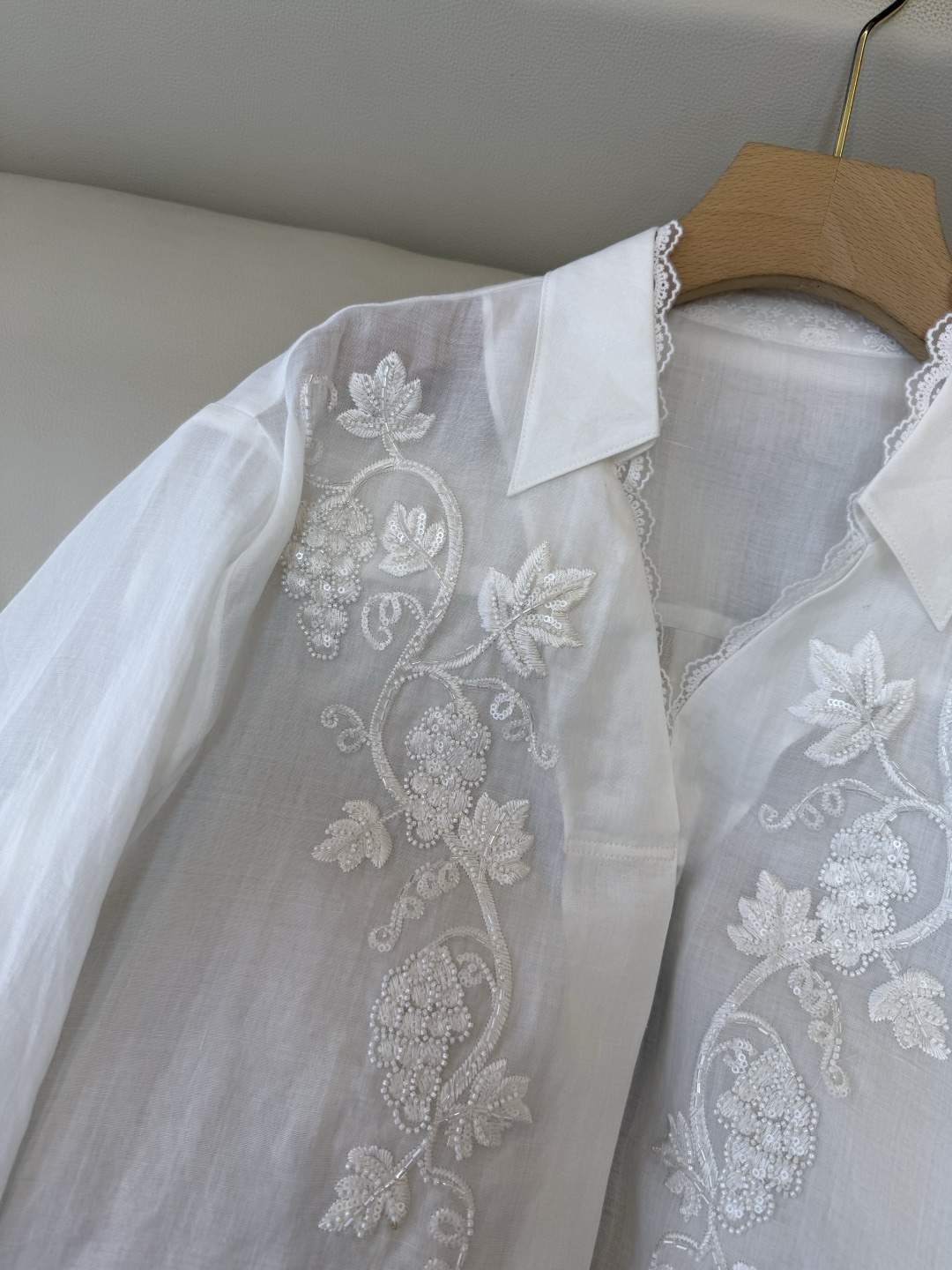 BS1160#新款衬衫。zimm 重工绣花珠片 100% 苎麻 蕾丝长袖衬衫 白色 SMLX L