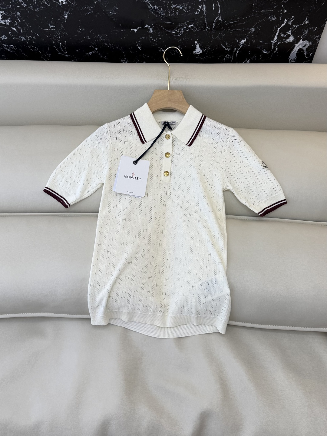 QG0205#新款T恤⚠️‼️Moncler 网眼针织polo 短袖T恤 米白色 SML