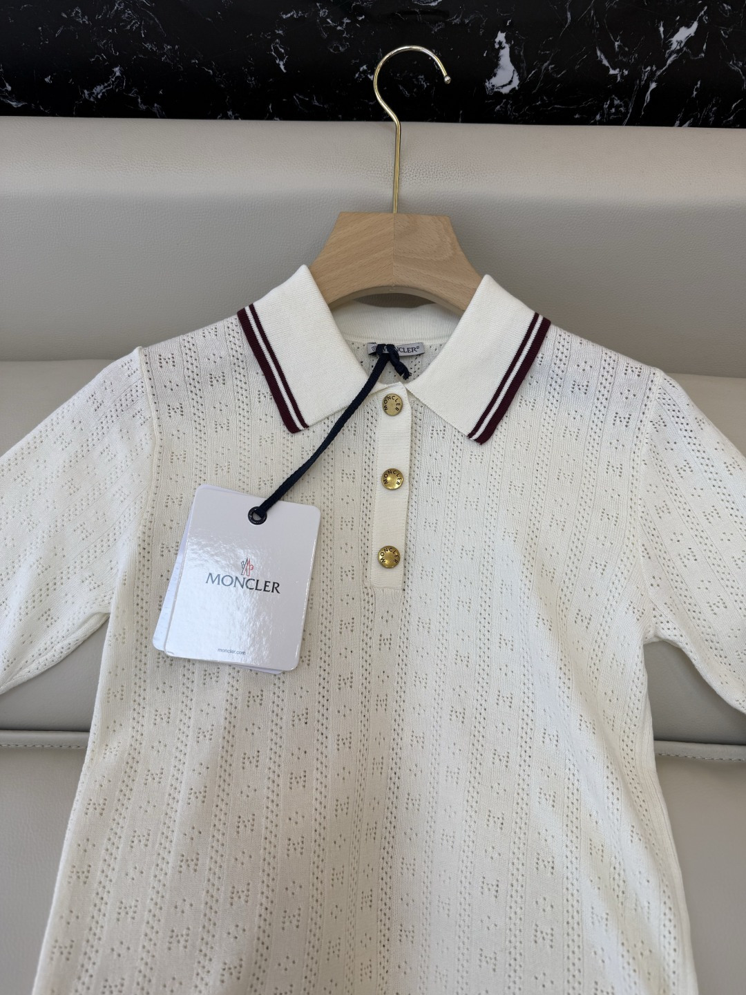 QG0205#新款T恤⚠️‼️Moncler 网眼针织polo 短袖T恤 米白色 SML
