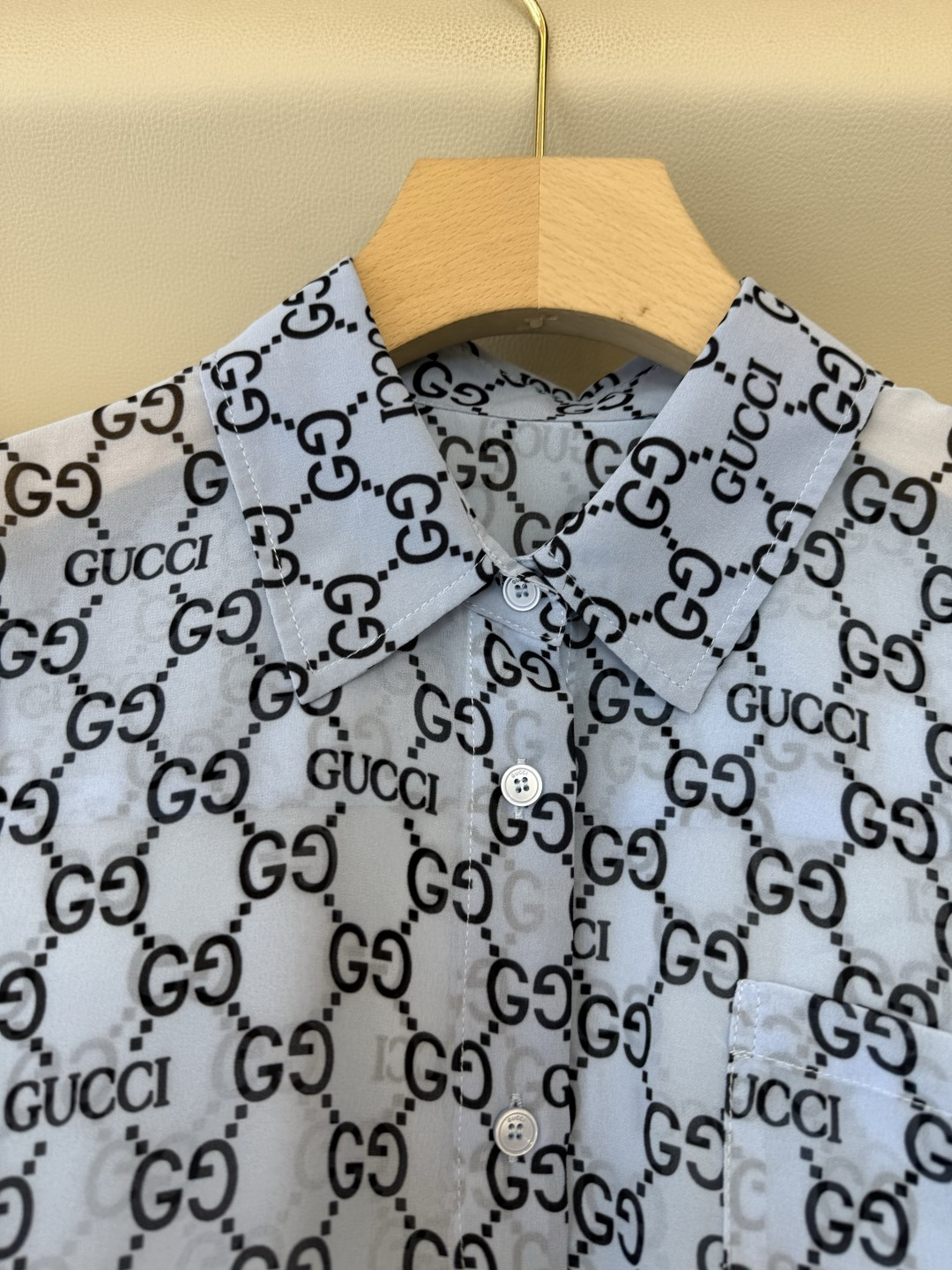 AW066#新款衬衫P‼️Gu 古琦 字母印花长袖衬衫 蓝色 杏色 SML