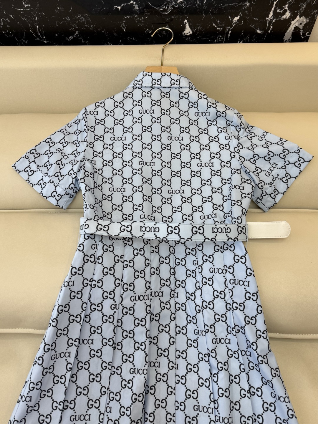 AW067#新款连衣裙P‼️Gu 古琦 字母印花短袖修身连衣裙 蓝色 杏色 SML