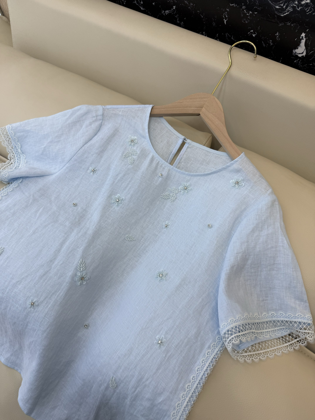 YM0121#新款套装⚠️工厂特批‼️100% 亚麻 钉珠刺绣花短袖上衣➕长裤 套装 蓝色 白色 SML