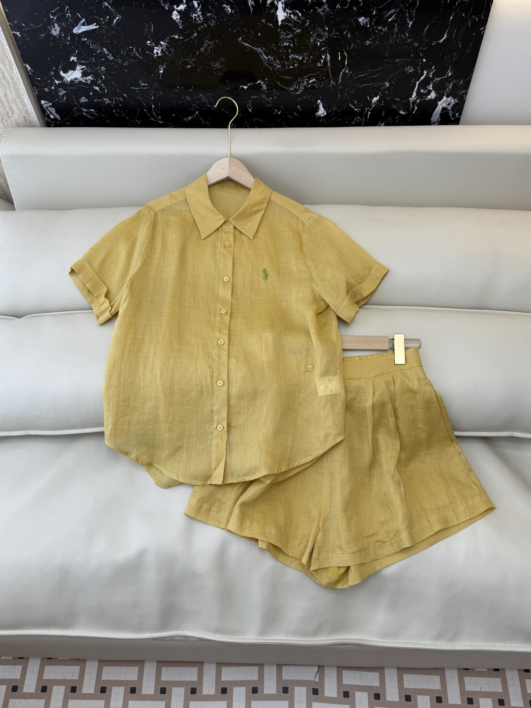 YM0118#新款套装⚠️工厂特批‼️Polo 100% 苎麻 短袖衬衫 ➕短裤套装 黄色 蓝色 白色 