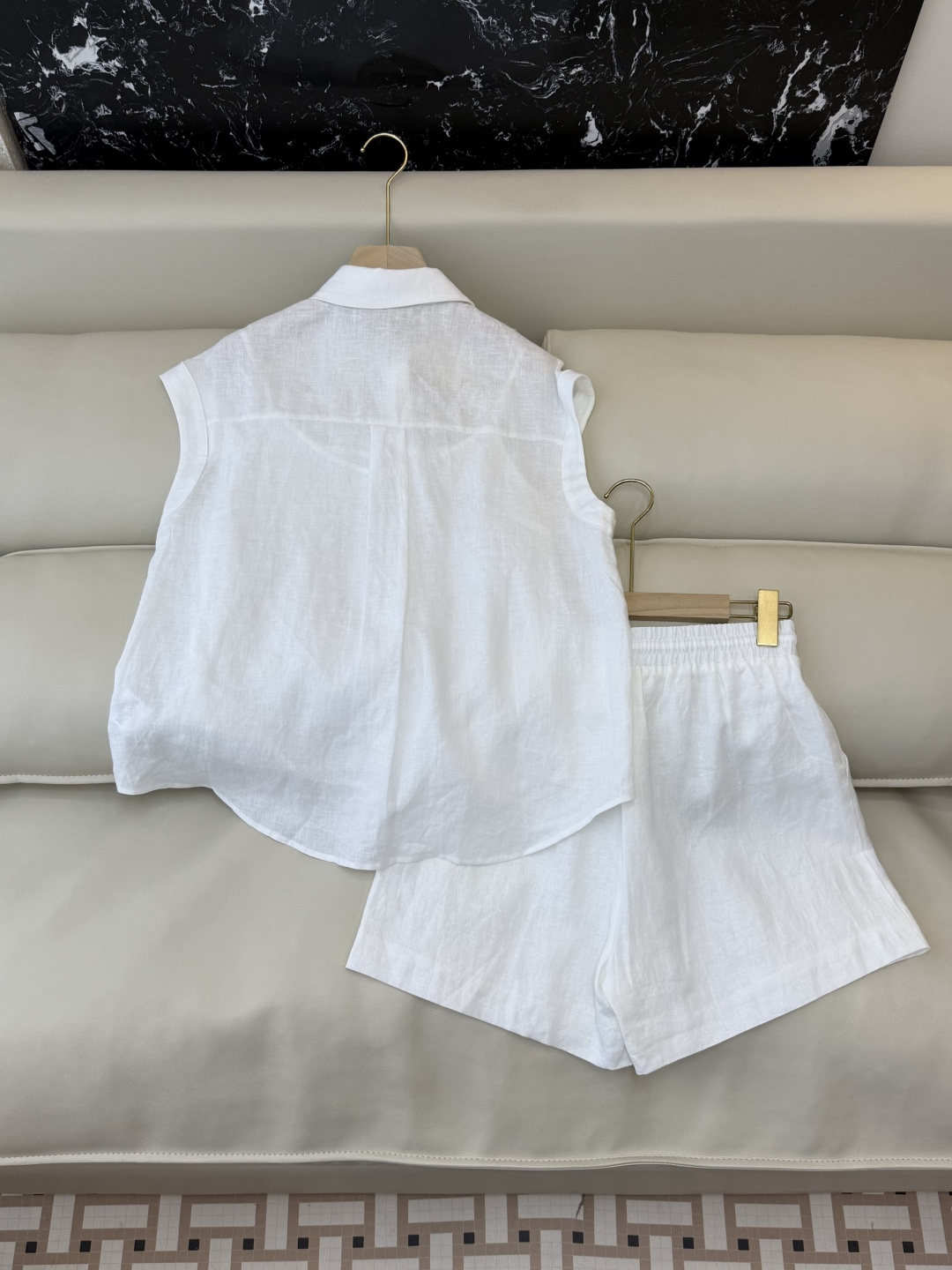 YM0117#新款套装⚠️工厂特批‼️ES 100% 亚麻 网布 刺绣花 无袖衬衫 ➕短裤套装 黄色 蓝