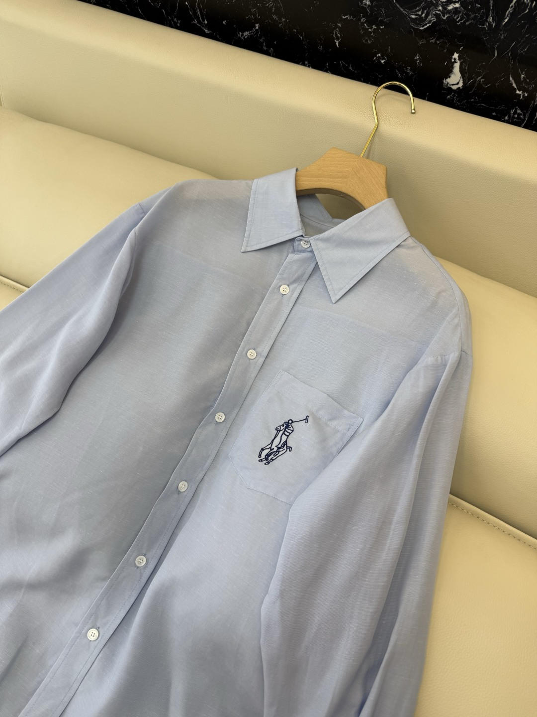 CY0135#新款衬衫。polo 50% 亚麻 天丝 绣花 长袖衬衫 白色 咖色 蓝色 SML