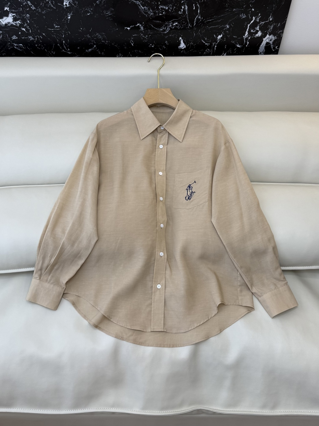CY0135#新款衬衫。polo 50% 亚麻 天丝 绣花 长袖衬衫 白色 咖色 蓝色 SML