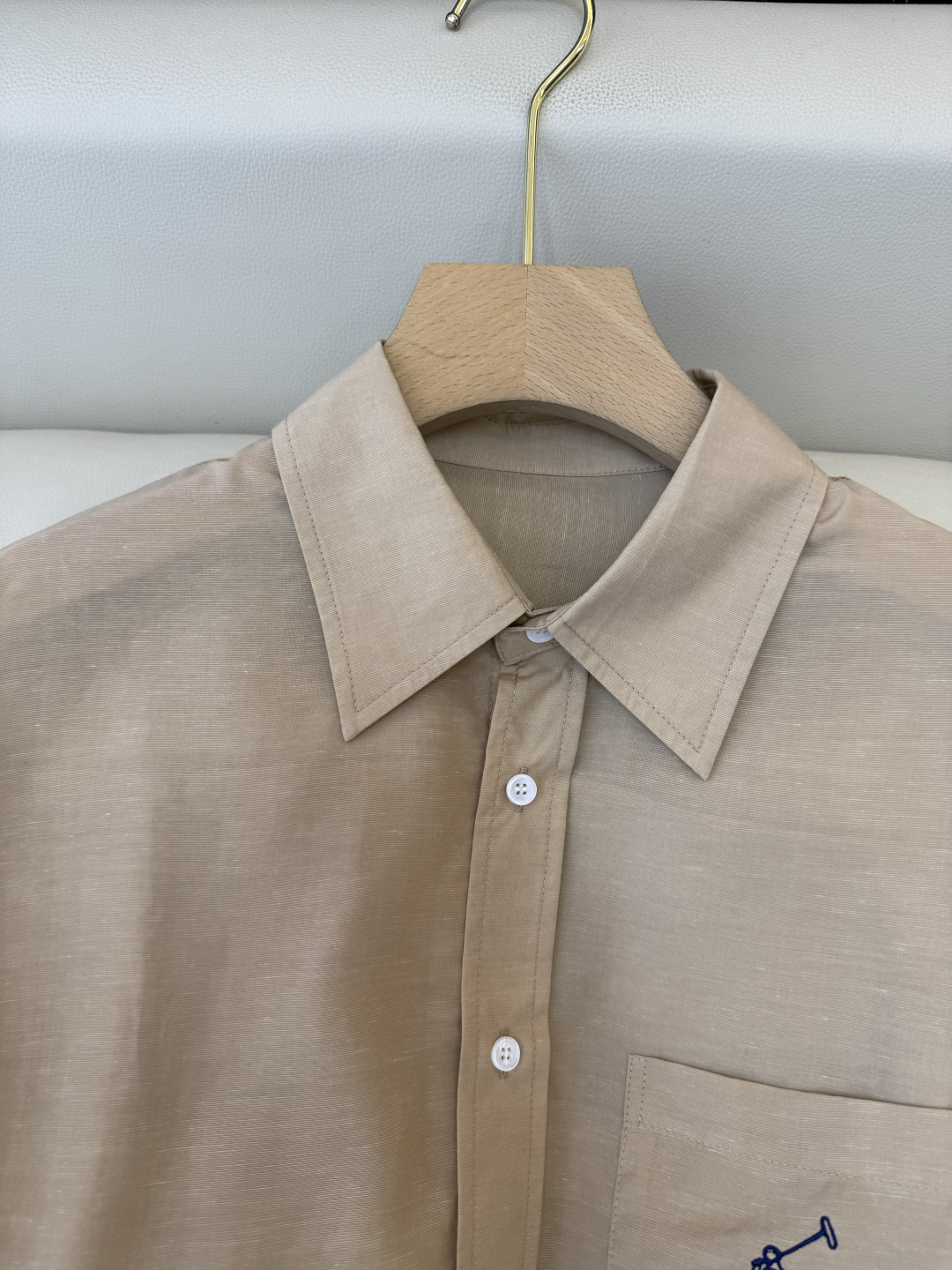 CY0135#新款衬衫。polo 50% 亚麻 天丝 绣花 长袖衬衫 白色 咖色 蓝色 SML
