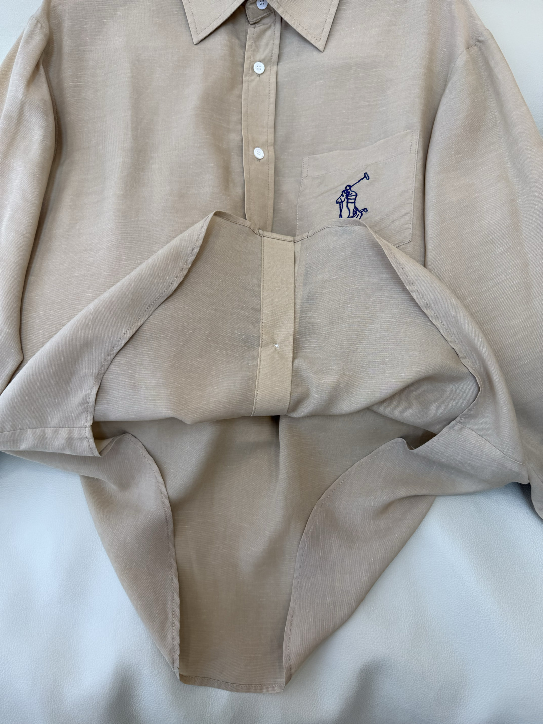 CY0135#新款衬衫。polo 50% 亚麻 天丝 绣花 长袖衬衫 白色 咖色 蓝色 SML