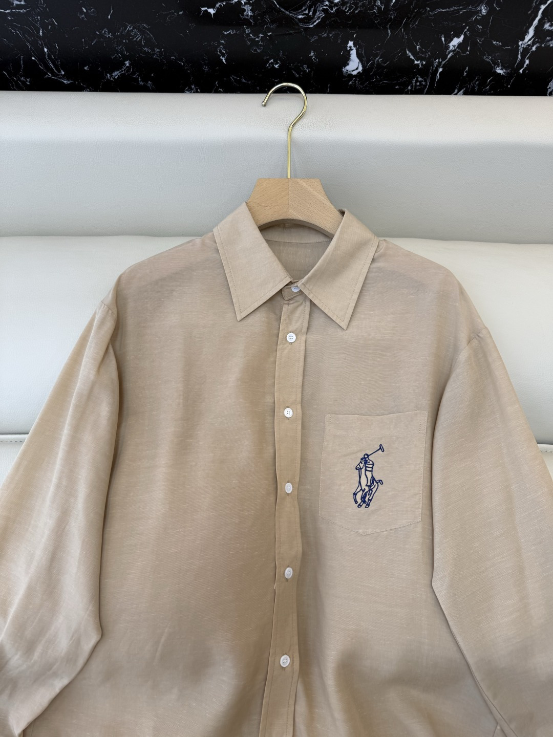 CY0135#新款衬衫。polo 50% 亚麻 天丝 绣花 长袖衬衫 白色 咖色 蓝色 SML