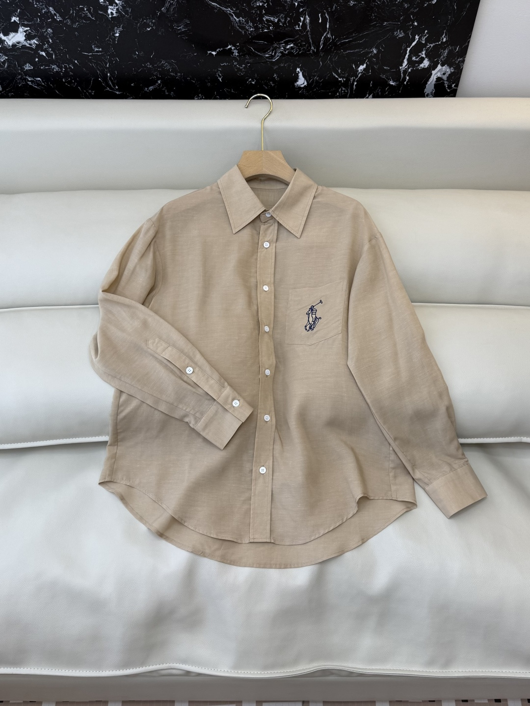 CY0135#新款衬衫。polo 50% 亚麻 天丝 绣花 长袖衬衫 白色 咖色 蓝色 SML