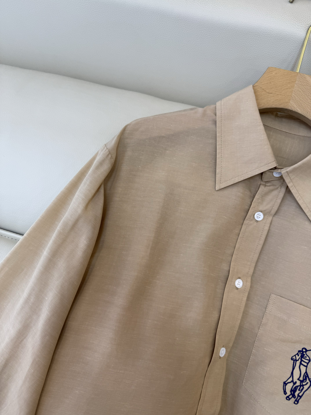 CY0135#新款衬衫。polo 50% 亚麻 天丝 绣花 长袖衬衫 白色 咖色 蓝色 SML