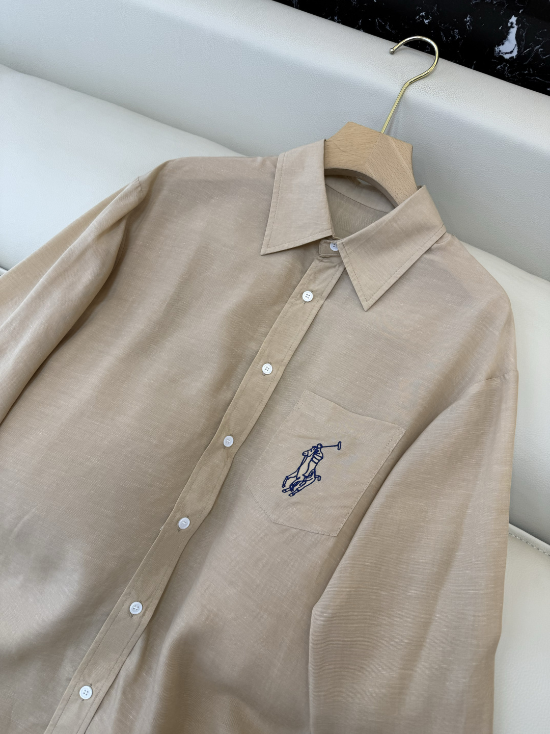 CY0135#新款衬衫。polo 50% 亚麻 天丝 绣花 长袖衬衫 白色 咖色 蓝色 SML