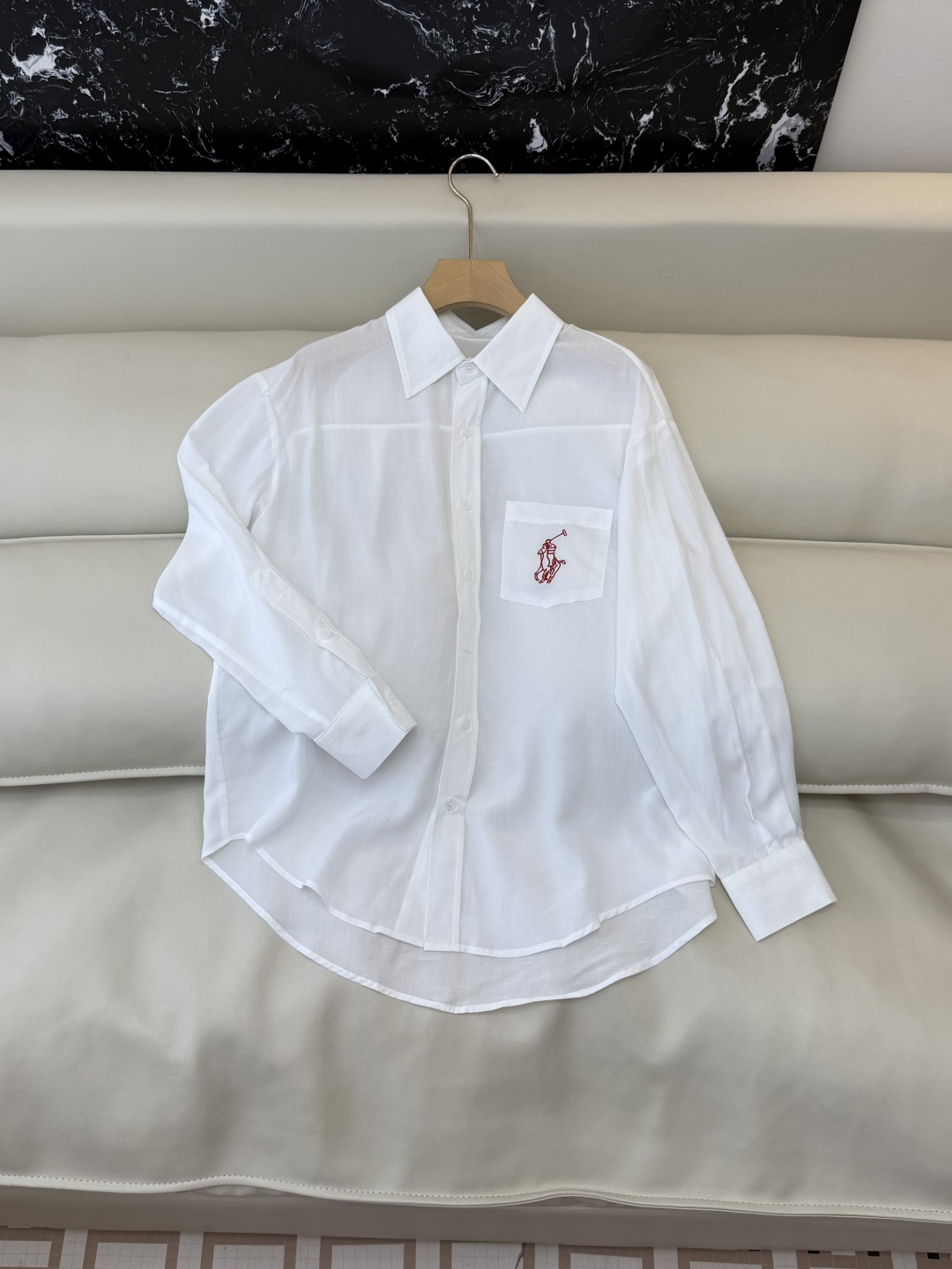 CY0135#新款衬衫。polo 50% 亚麻 天丝 绣花 长袖衬衫 白色 咖色 蓝色 SML