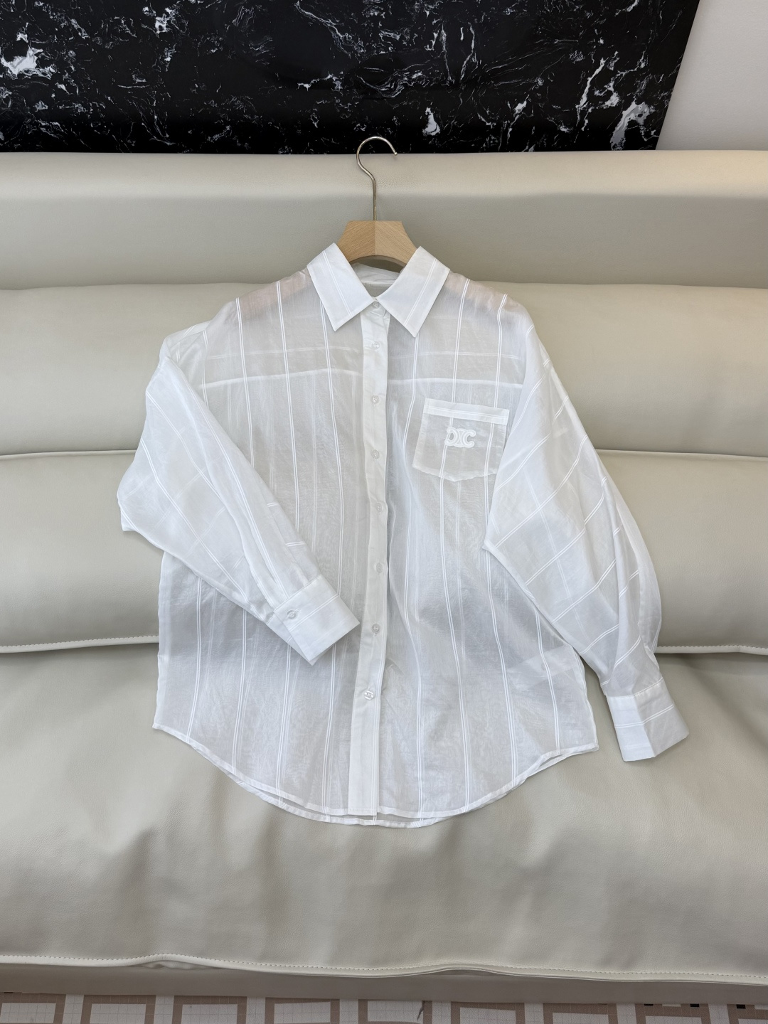 CY033#新款衬衫。celine 天丝棉 透明材质 条纹格子 长袖宽松 防晒衬衫 粉色 绿色 蓝色 白