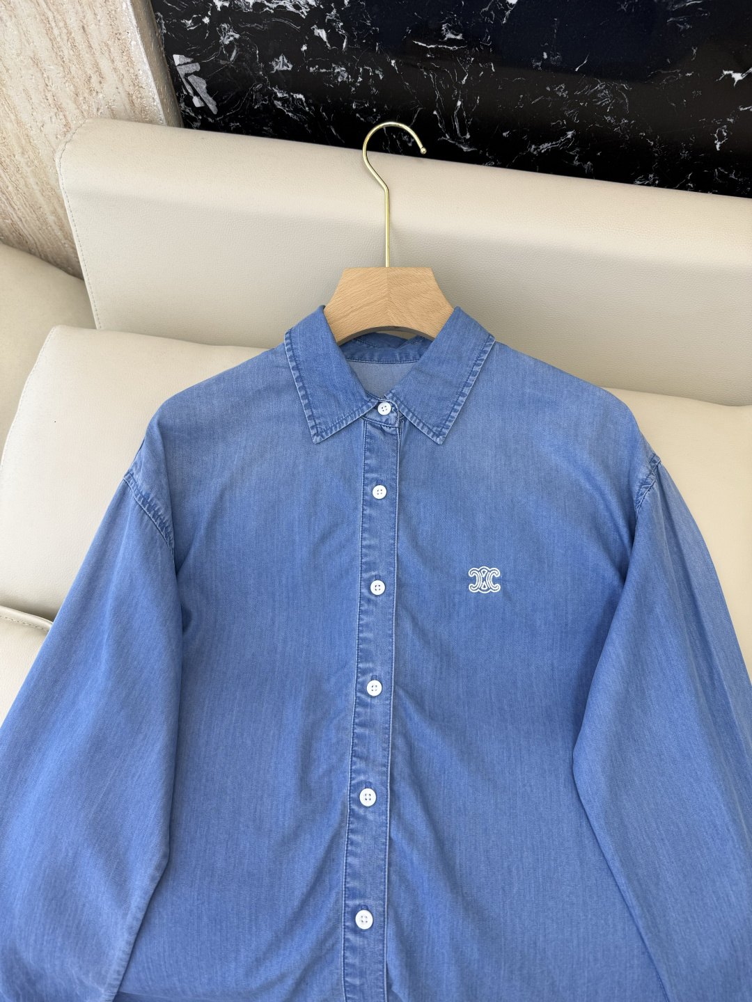 CX0230#新款衬衫⚠️工厂特批‼️celine 绣花小logo 长袖水洗牛仔棉衬衫 蓝色SM L