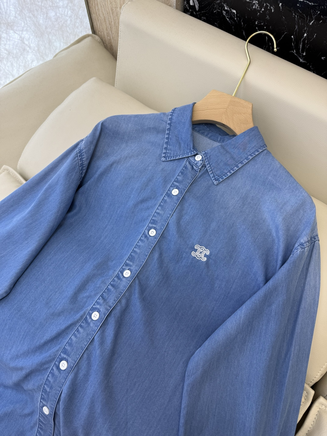 CX0230#新款衬衫⚠️工厂特批‼️celine 绣花小logo 长袖水洗牛仔棉衬衫 蓝色SM L