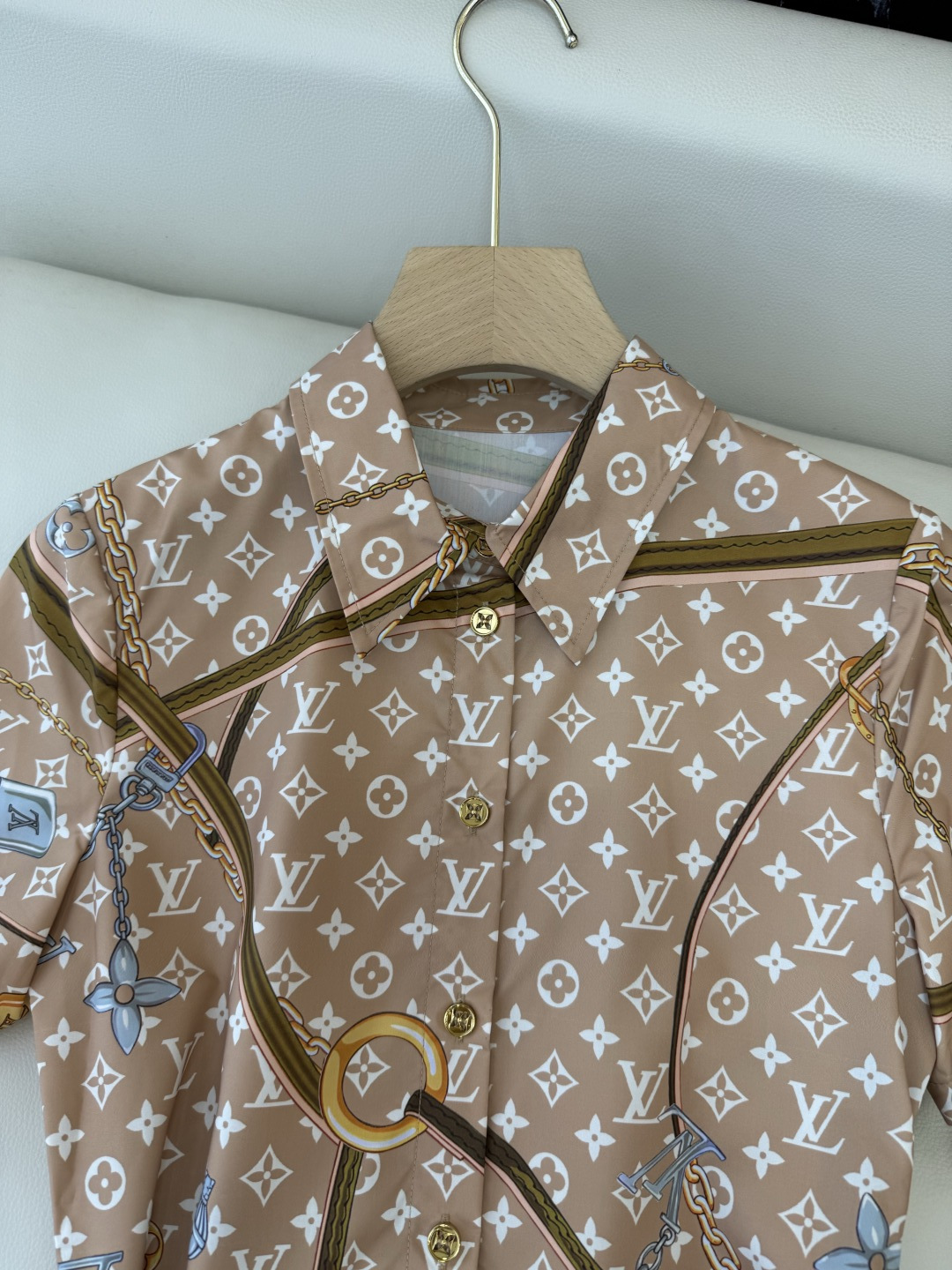 AW086#新款连衣裙⚠️工厂特批‼️Lv 链条印花 短袖修身连衣裙 两色图 SM L