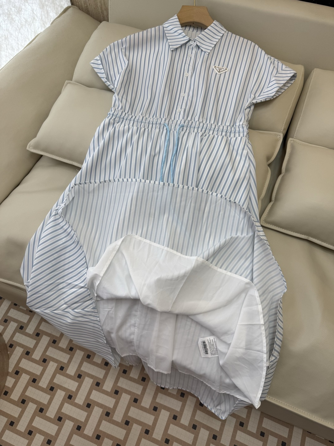 AW085#新款连衣裙⚠️工厂特批‼️PRADA 三角标 短袖条纹 长款 连衣裙 两色图 SM L