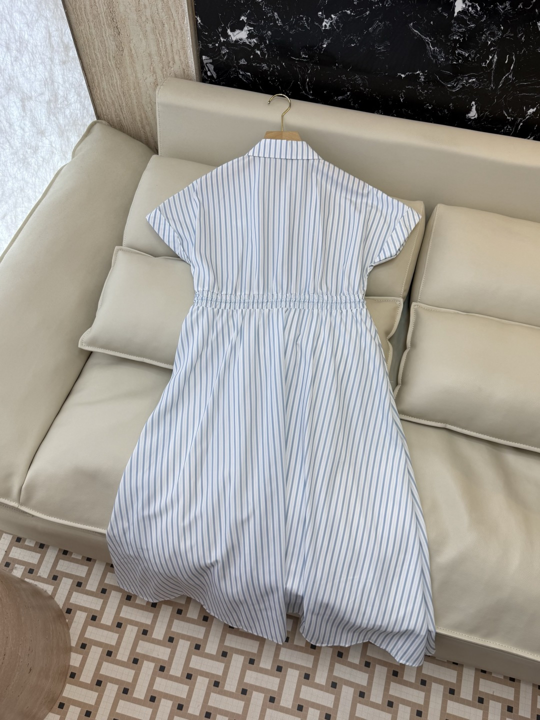 AW085#新款连衣裙⚠️工厂特批‼️PRADA 三角标 短袖条纹 长款 连衣裙 两色图 SM L