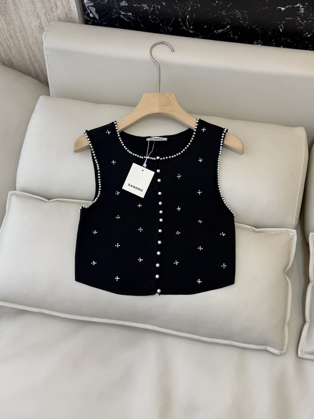 NO:855116,QG0230#New Vest P SANDRO Heavy Beading Knitted Vest Black SML, Women's Clothing,19860909QG0230#新款背心P SANDRO 重工钉珠 针织马甲背心 黑色 SML,女装,,Women's clothing
