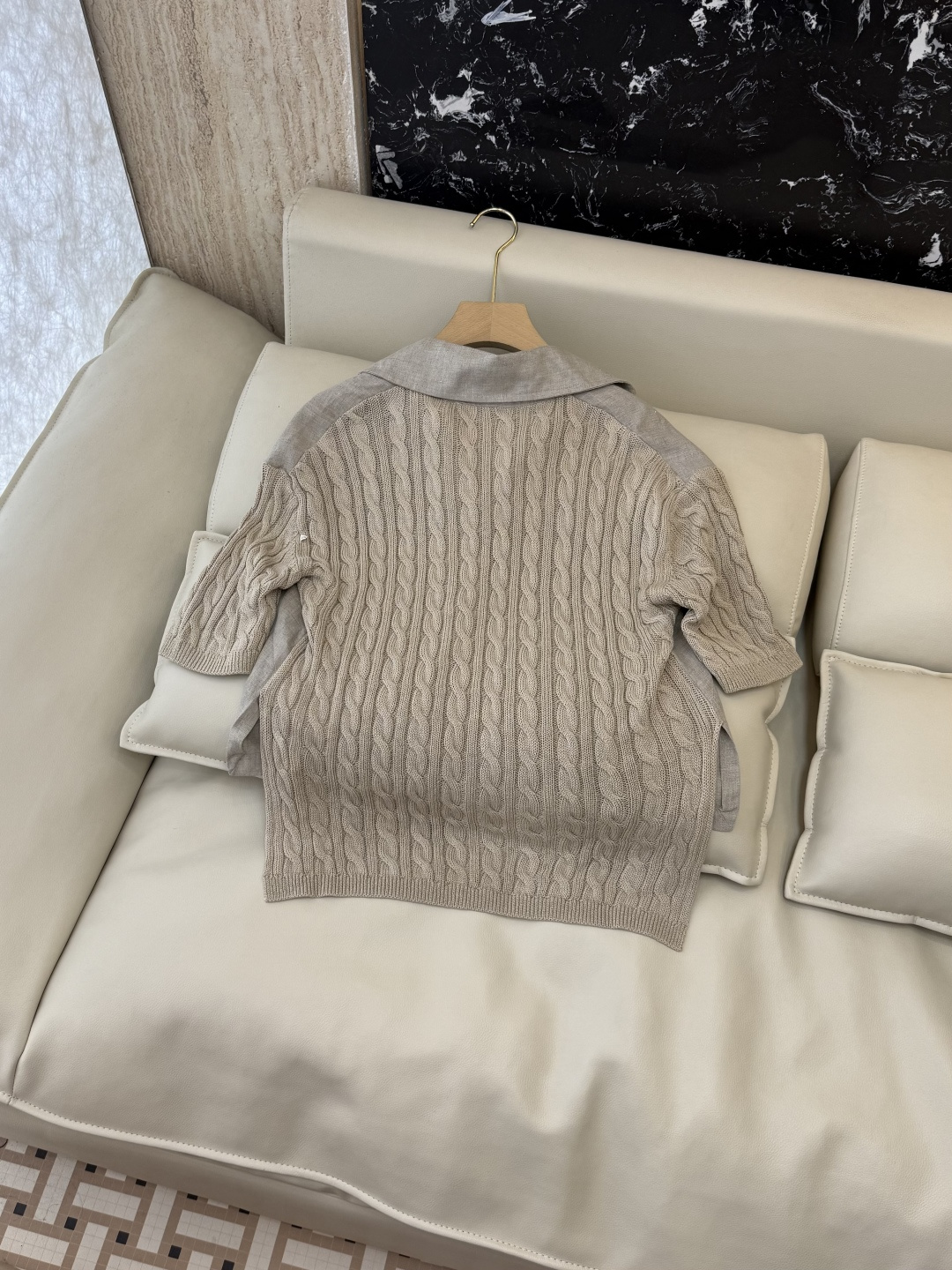 QD0233#新款上衣⚠️工厂特批‼️Max mara 亚麻拼接针织短袖上衣 亚麻本色 白色 SML