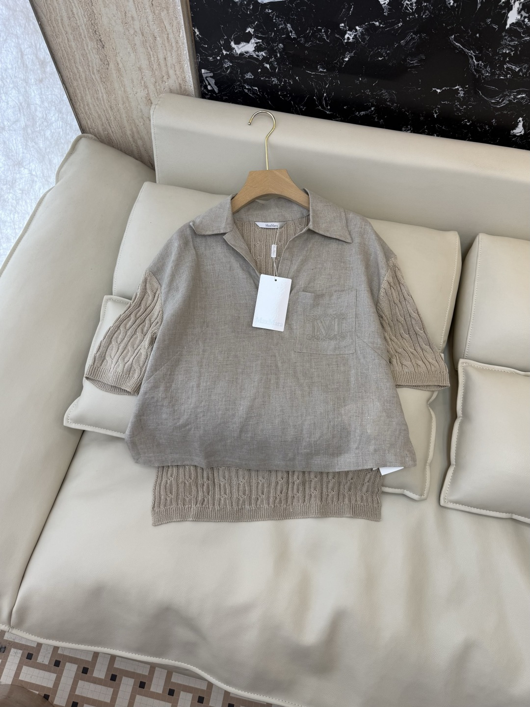 QD0233#新款上衣⚠️工厂特批‼️Max mara 亚麻拼接针织短袖上衣 亚麻本色 白色 SML