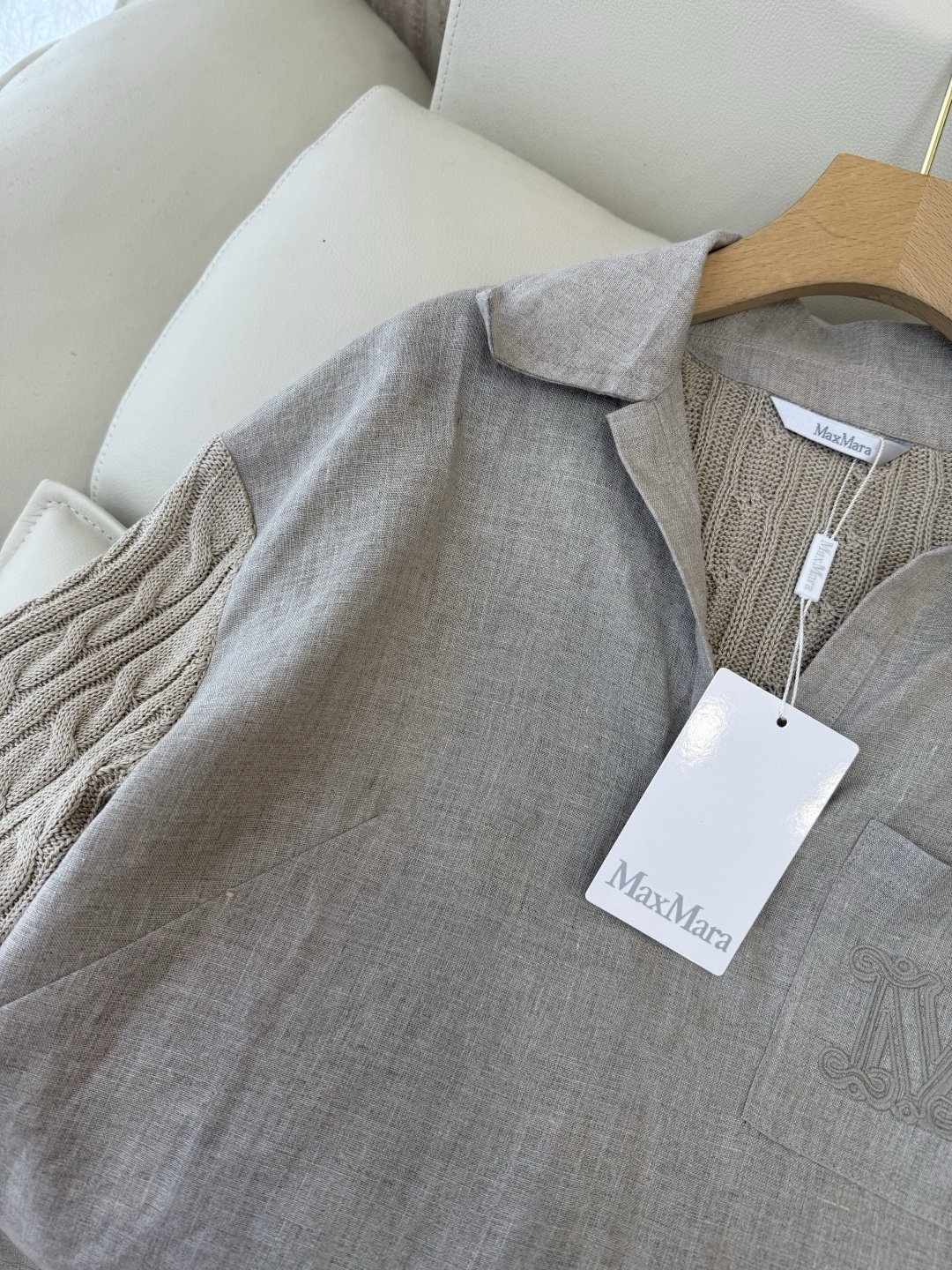 QD0233#新款上衣⚠️工厂特批‼️Max mara 亚麻拼接针织短袖上衣 亚麻本色 白色 SML