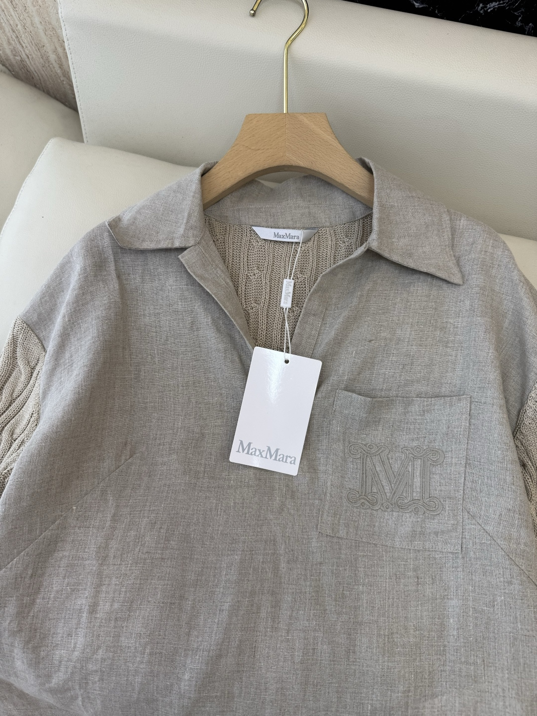 QD0233#新款上衣⚠️工厂特批‼️Max mara 亚麻拼接针织短袖上衣 亚麻本色 白色 SML