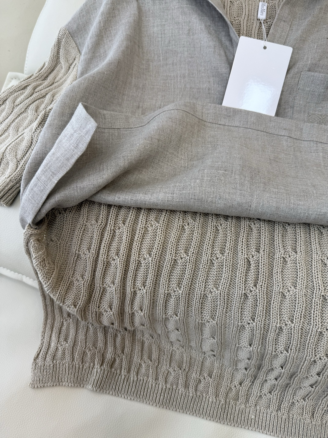 QD0233#新款上衣⚠️工厂特批‼️Max mara 亚麻拼接针织短袖上衣 亚麻本色 白色 SML