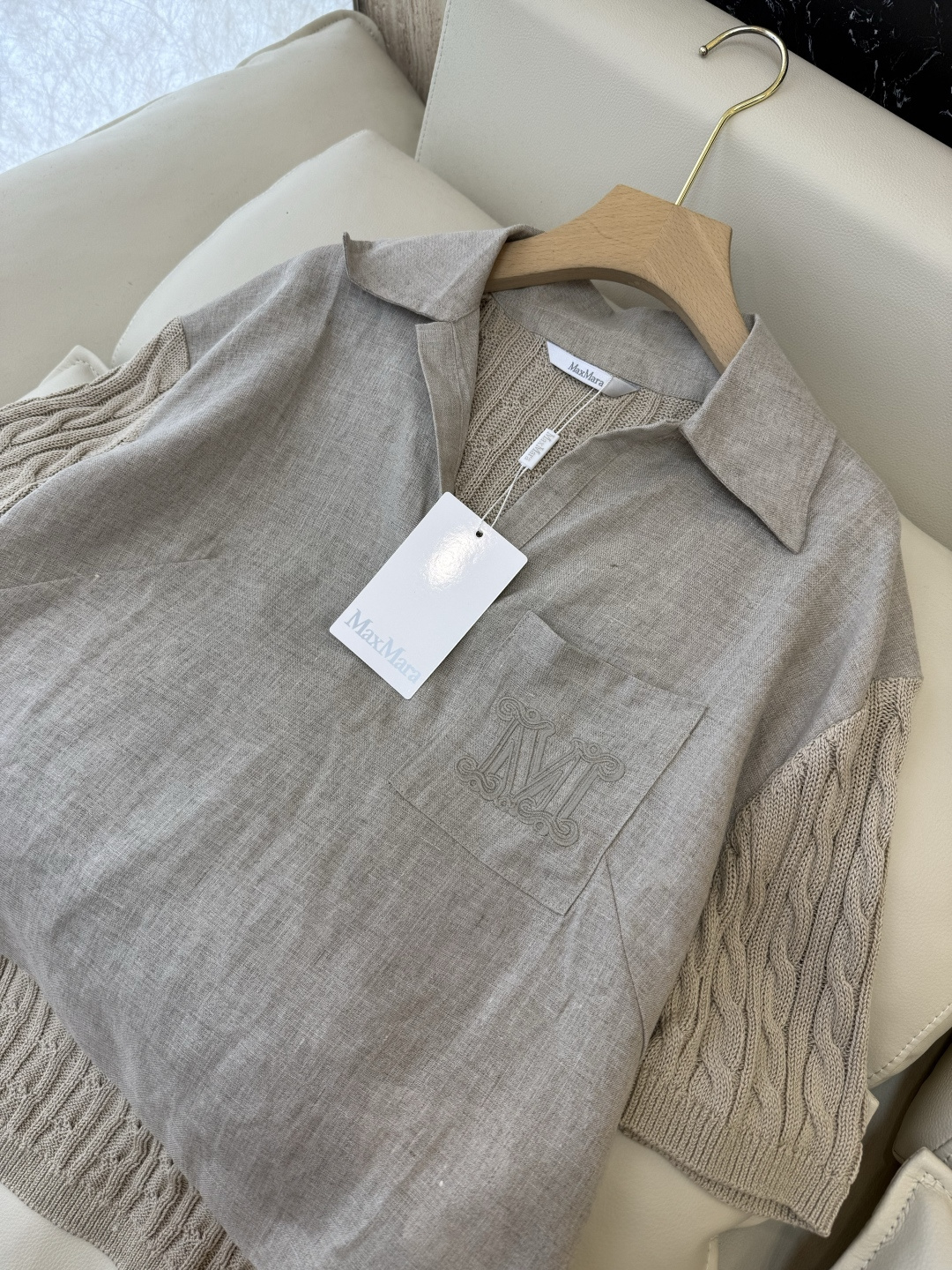 QD0233#新款上衣⚠️工厂特批‼️Max mara 亚麻拼接针织短袖上衣 亚麻本色 白色 SML