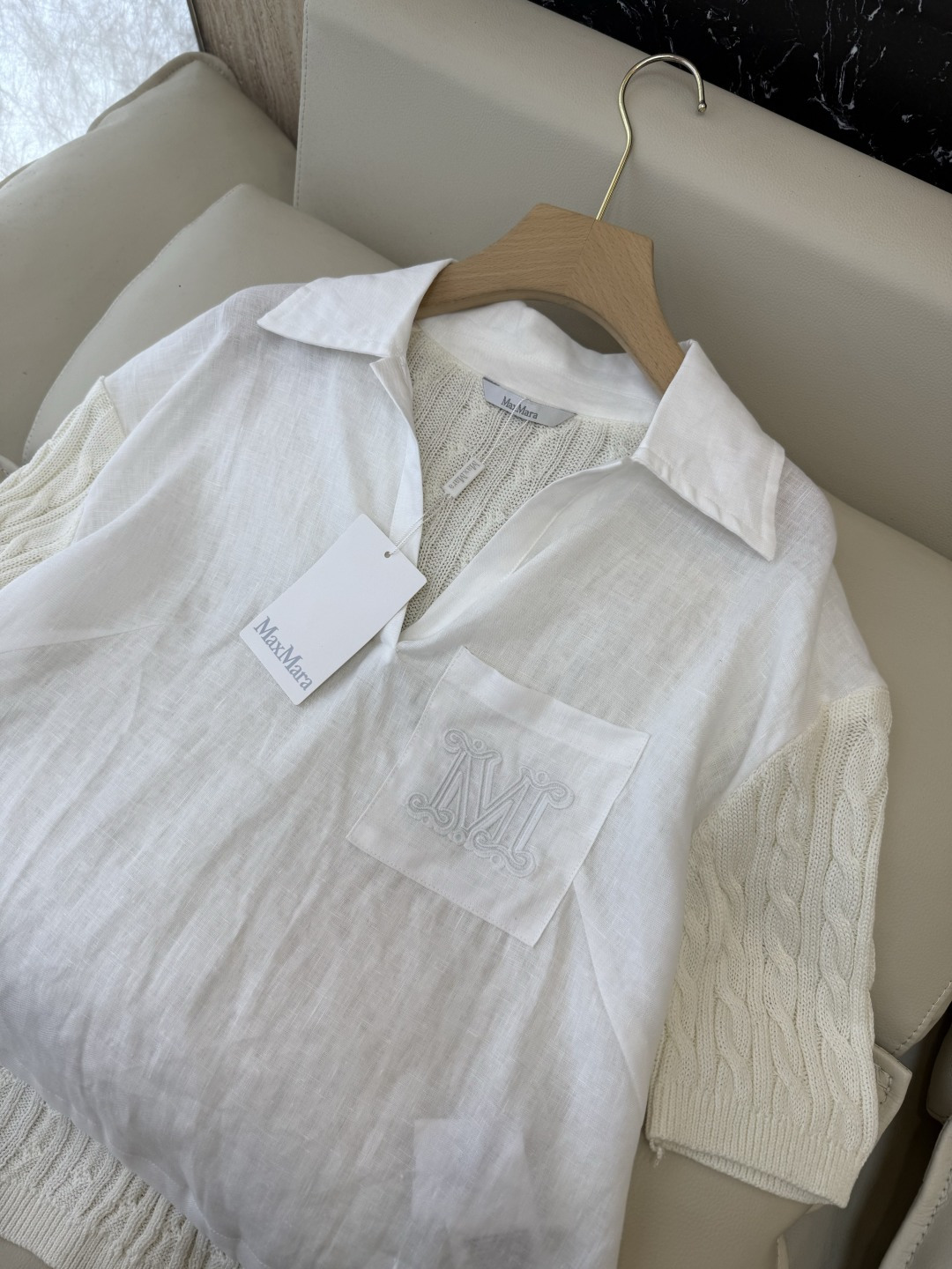 QD0233#新款上衣⚠️工厂特批‼️Max mara 亚麻拼接针织短袖上衣 亚麻本色 白色 SML