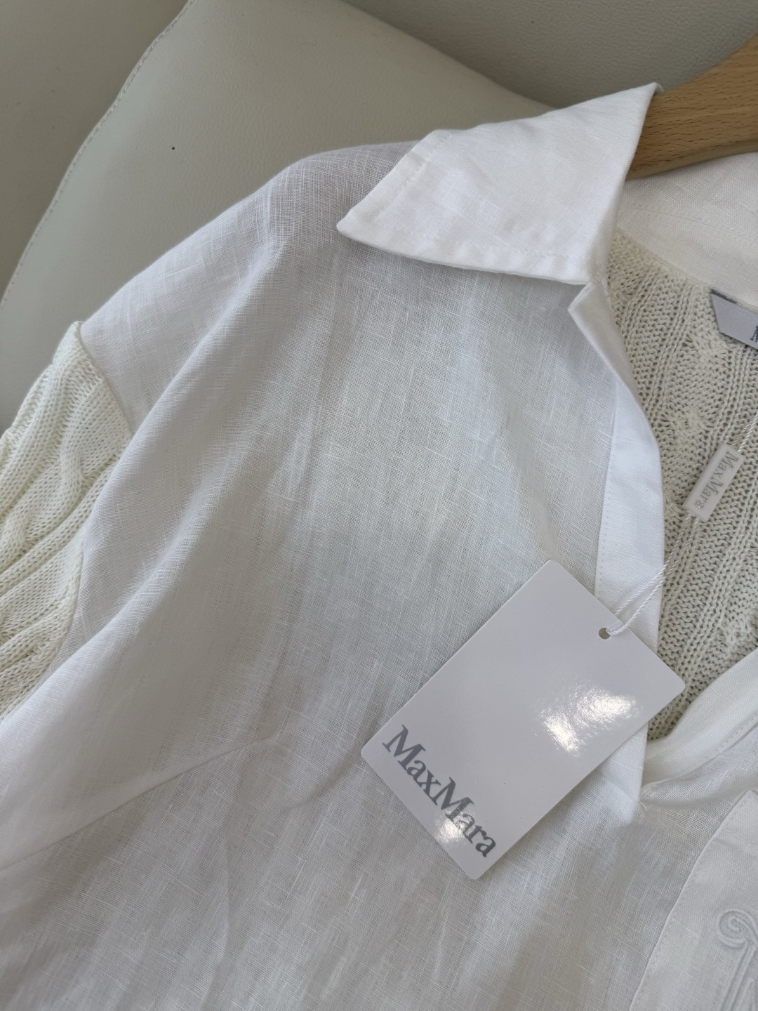 QD0233#新款上衣⚠️工厂特批‼️Max mara 亚麻拼接针织短袖上衣 亚麻本色 白色 SML