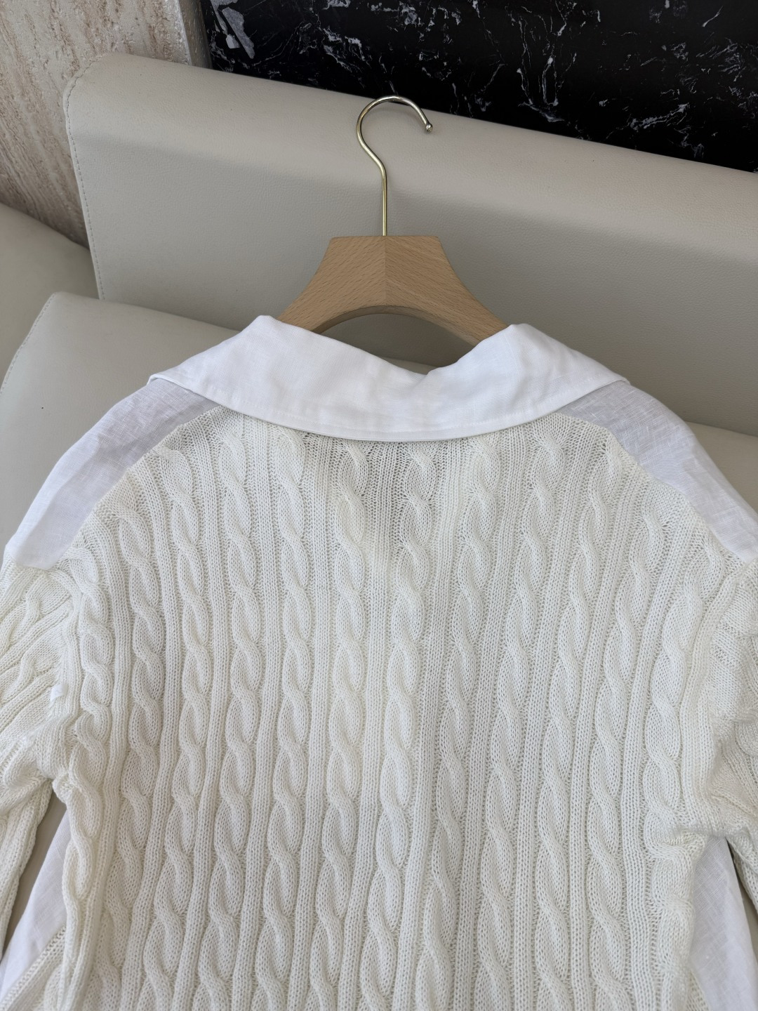 QD0233#新款上衣⚠️工厂特批‼️Max mara 亚麻拼接针织短袖上衣 亚麻本色 白色 SML