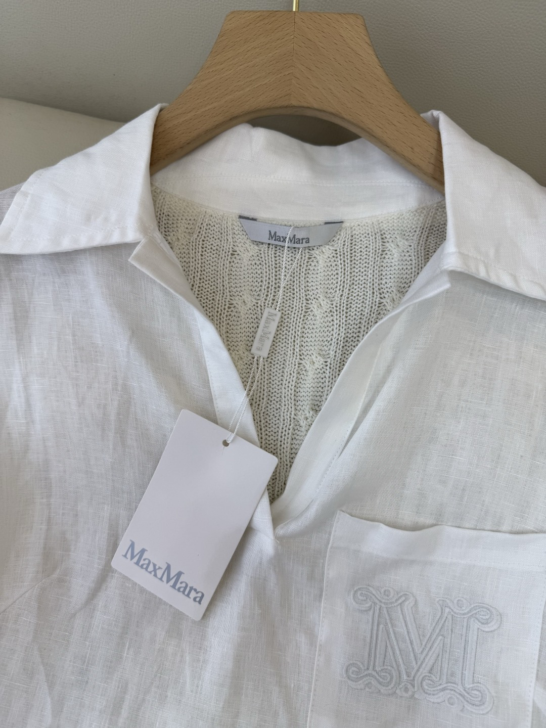 QD0233#新款上衣⚠️工厂特批‼️Max mara 亚麻拼接针织短袖上衣 亚麻本色 白色 SML