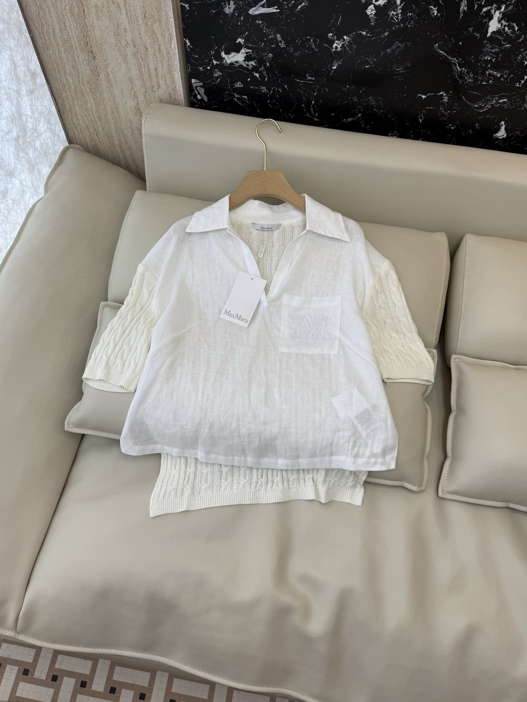 NO:855113,QD0233# New top P Max mara linen splicing knitted short-sleeved top linen natural color white SML, Max Mara-clothing, T-shirt,19860909QD0233#新款上衣P Max mara 亚麻拼接针织短袖上衣 亚麻本色 白色 SML,麦丝玛拉-服装,T-shirt,,Women's clothing