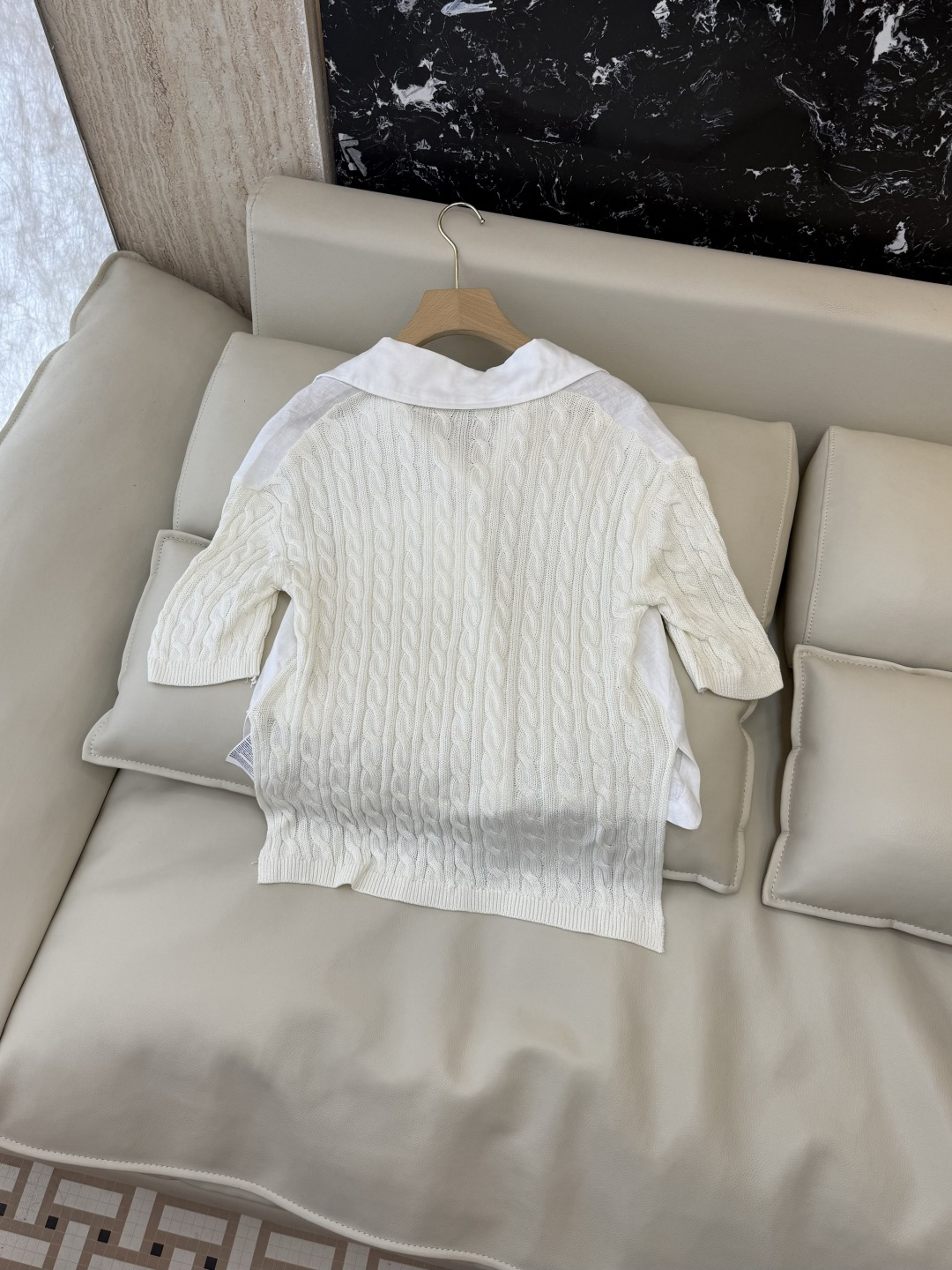 QD0233#新款上衣⚠️工厂特批‼️Max mara 亚麻拼接针织短袖上衣 亚麻本色 白色 SML