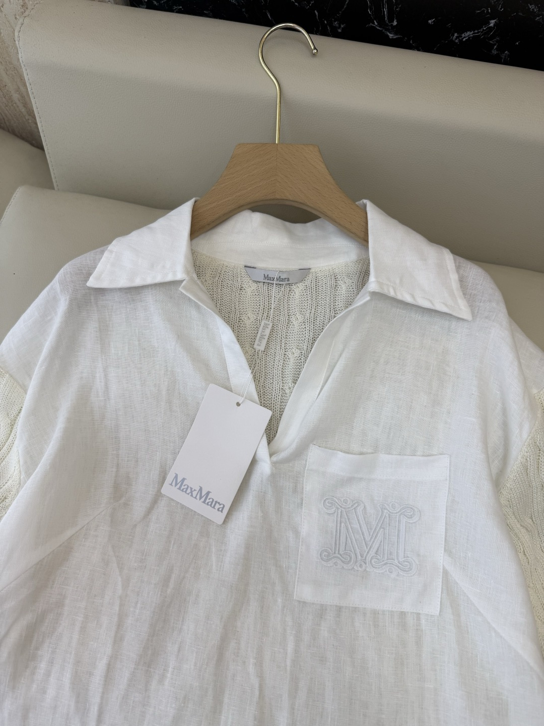 QD0233#新款上衣⚠️工厂特批‼️Max mara 亚麻拼接针织短袖上衣 亚麻本色 白色 SML