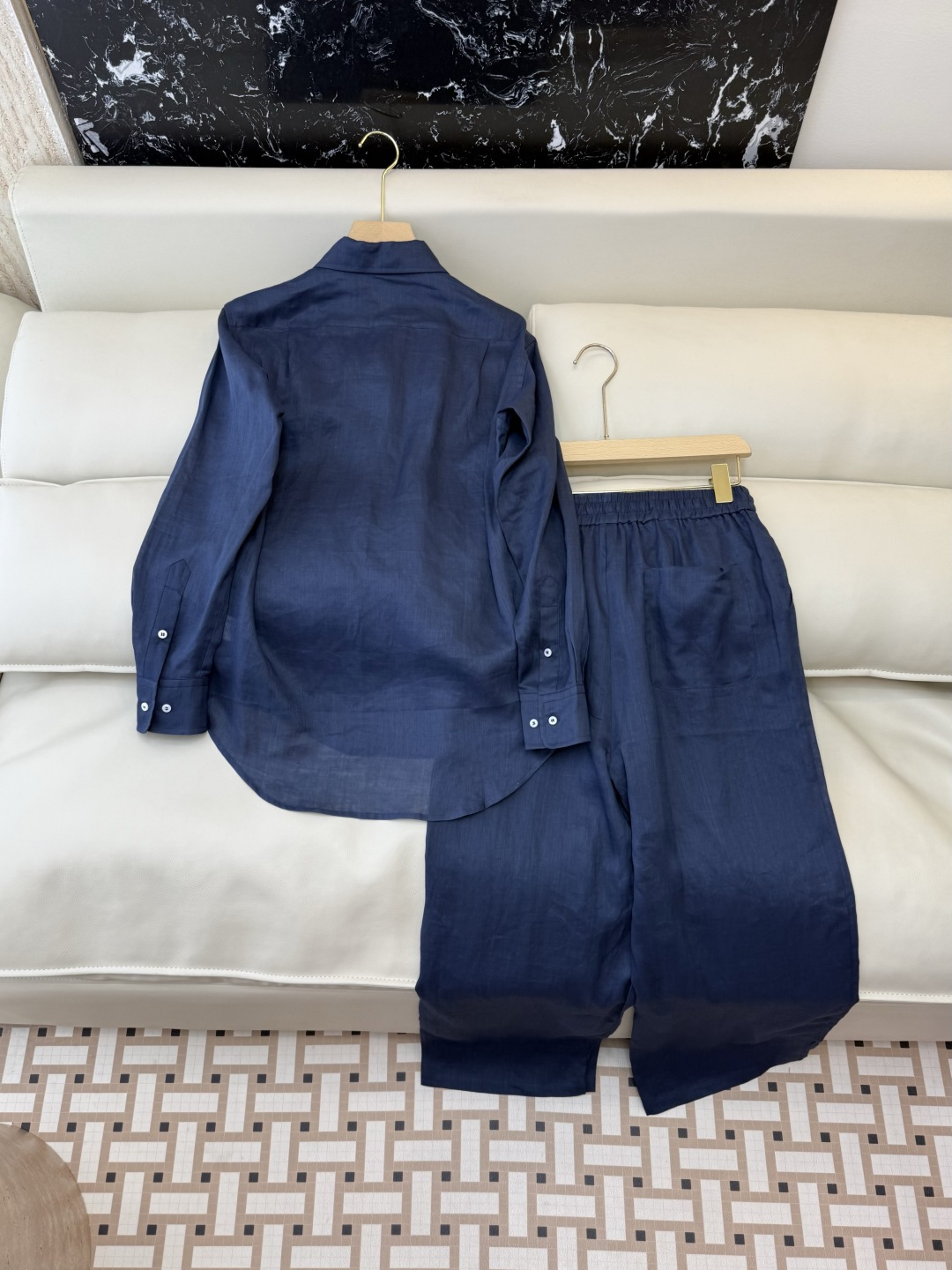 QD8023+8127#新款套装⚠️🌾Loro piana 100% 苎麻 绣花长袖衬衫➕长裤套装 杏色