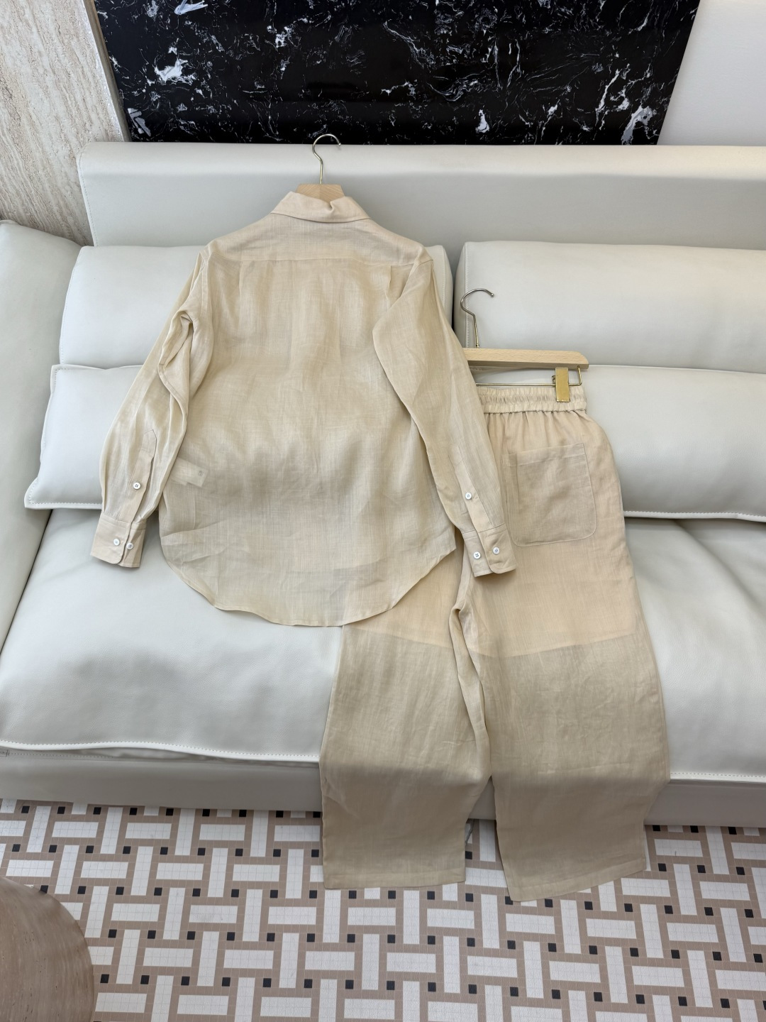 QD8023+8127#新款套装⚠️🌾Loro piana 100% 苎麻 绣花长袖衬衫➕长裤套装 杏色