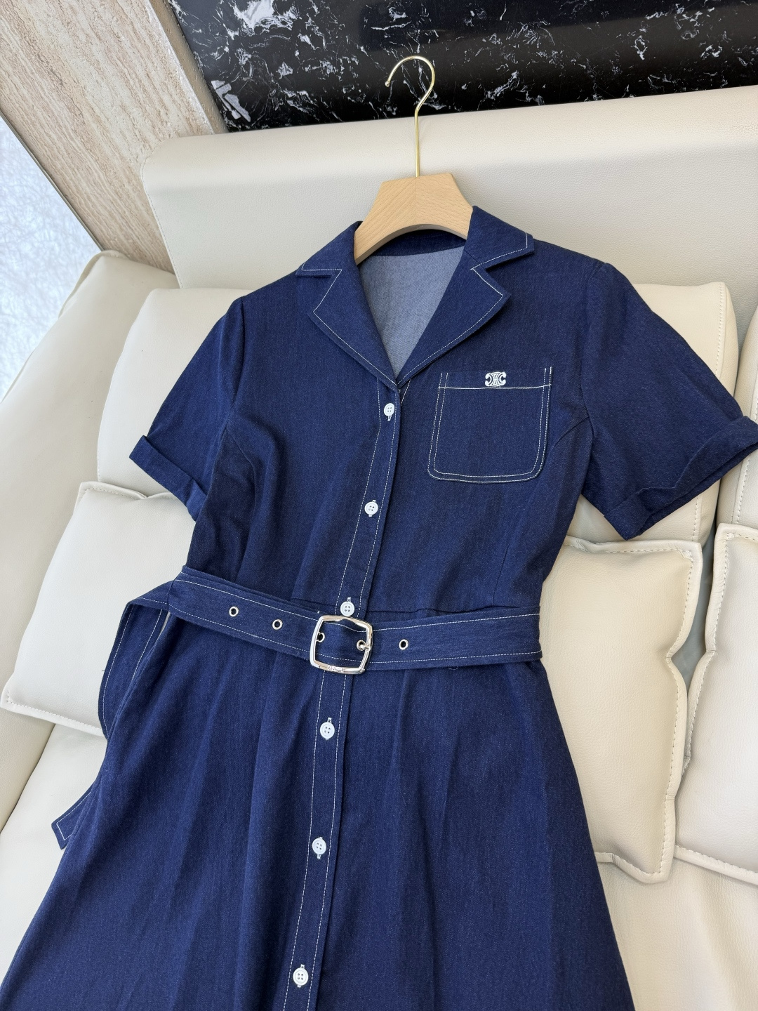 AW094#新款连衣裙⚠️工厂特批‼️celine 短袖修身牛仔连衣裙 深蓝色 浅蓝色 SML