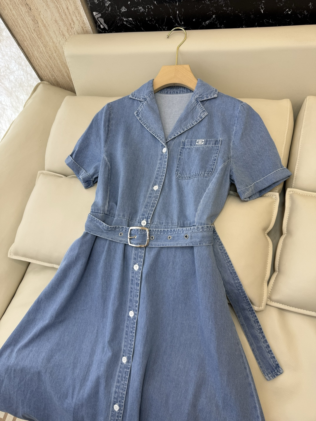 AW094#新款连衣裙⚠️工厂特批‼️celine 短袖修身牛仔连衣裙 深蓝色 浅蓝色 SML