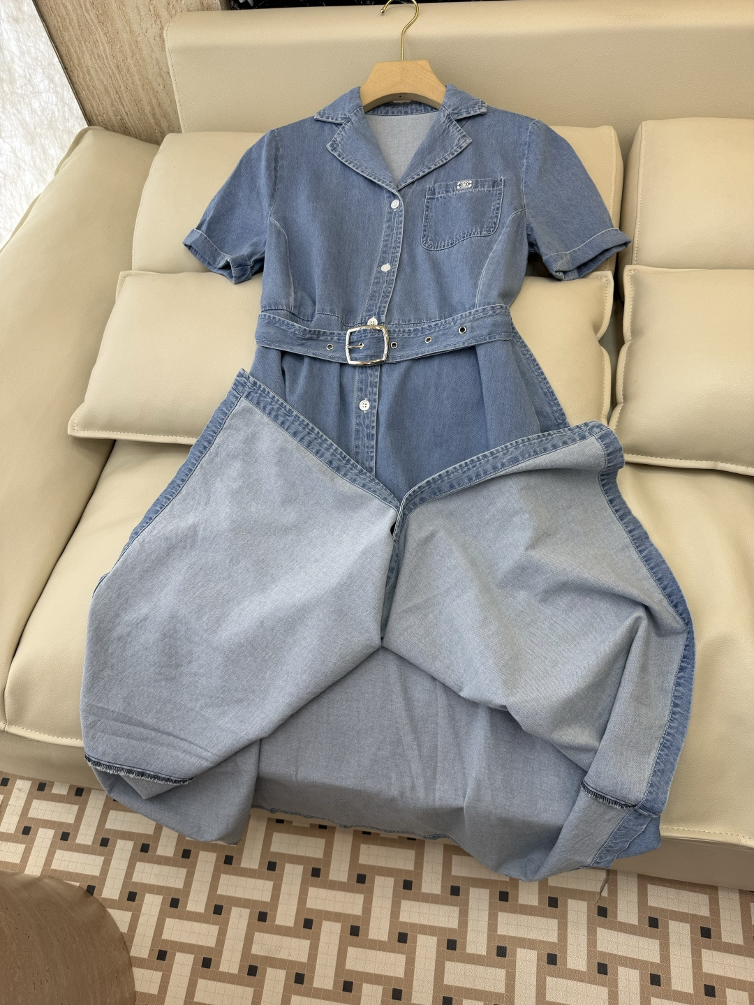 AW094#新款连衣裙⚠️工厂特批‼️celine 短袖修身牛仔连衣裙 深蓝色 浅蓝色 SML