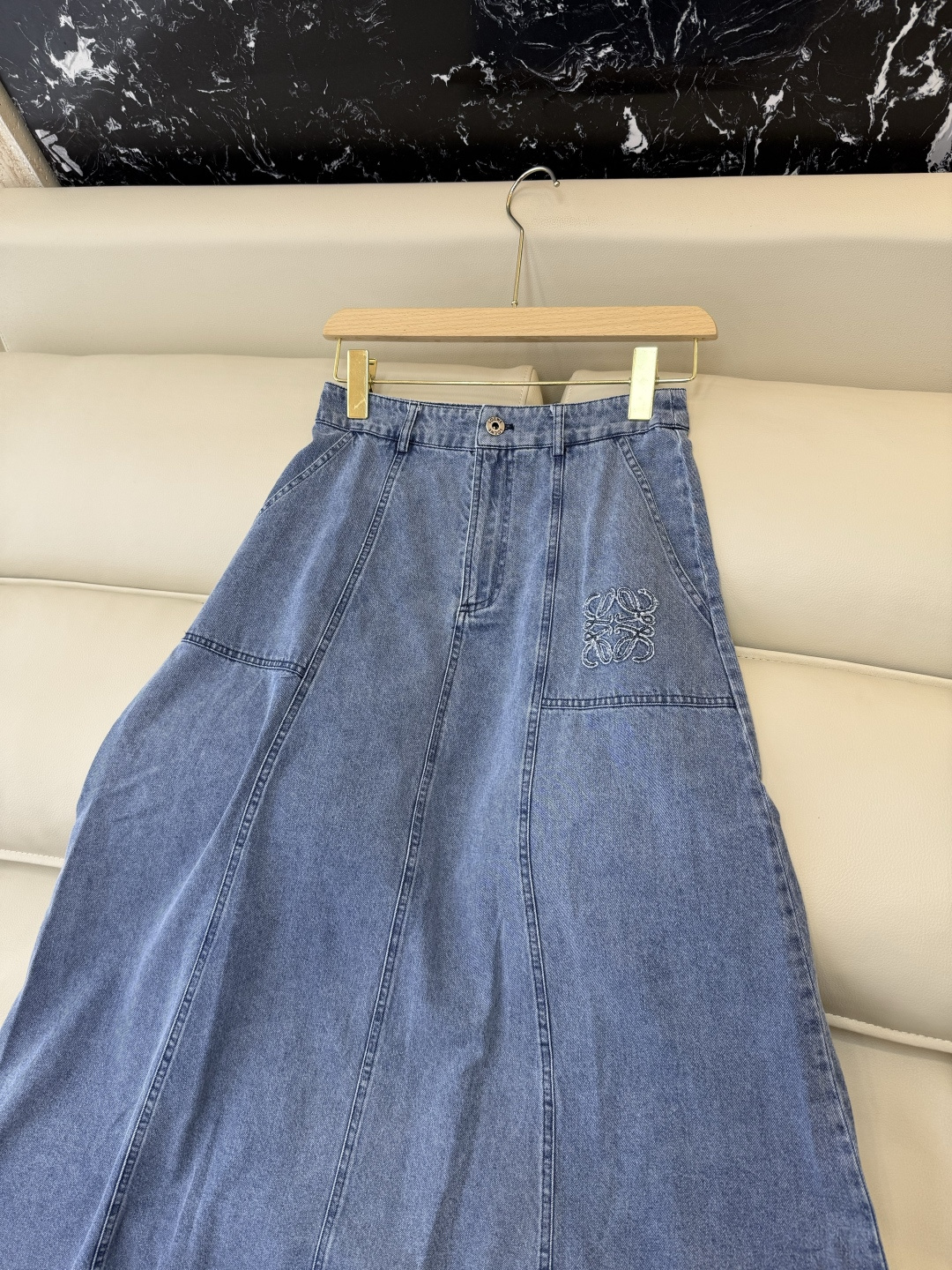 AW095#新款半裙⚠️工厂特批‼️loewe 绣花 牛仔长半裙 深蓝色 浅蓝色 SML