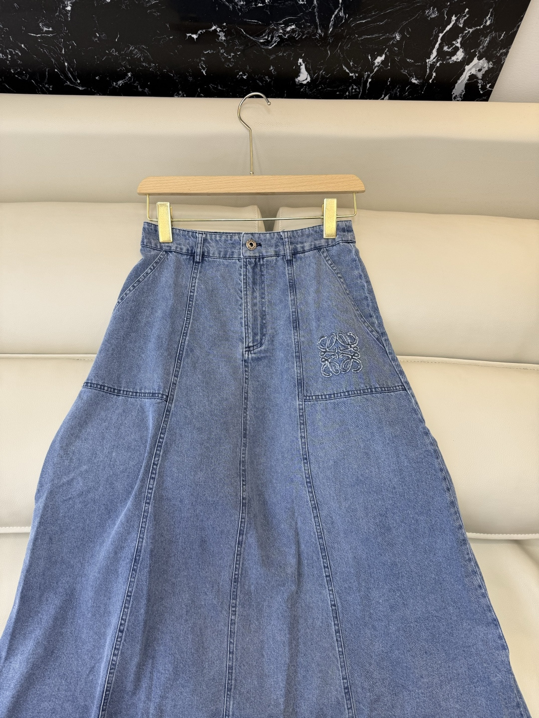 AW095#新款半裙⚠️工厂特批‼️loewe 绣花 牛仔长半裙 深蓝色 浅蓝色 SML