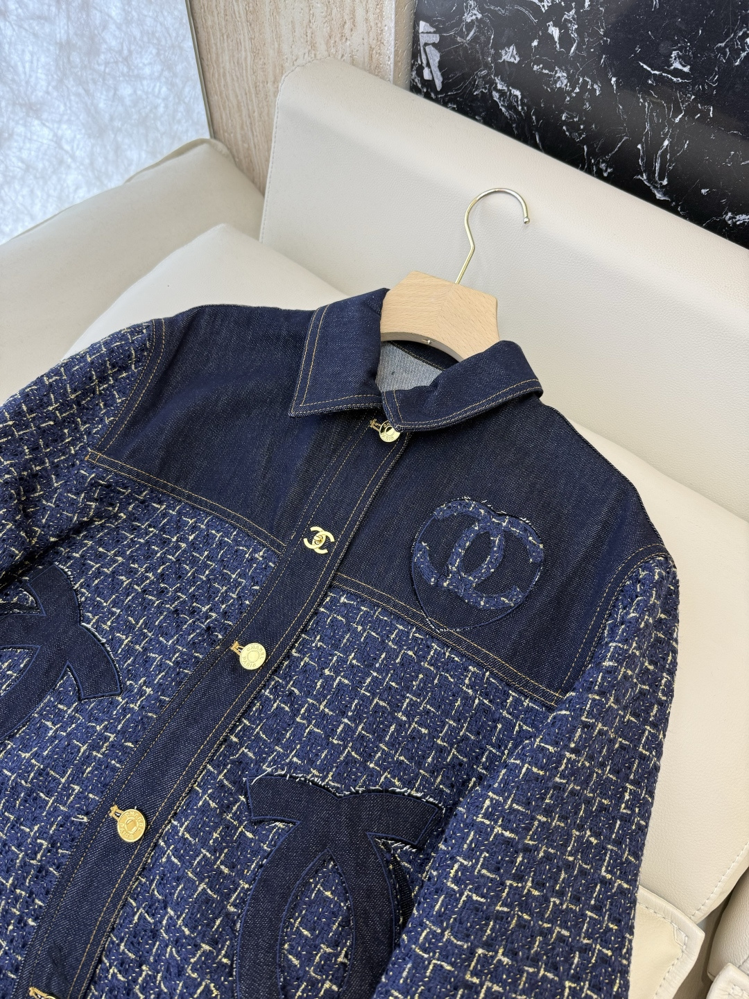 GU084#新款外套⚠️工厂特批‼️小香风 拼色格纹牛仔长袖外套 SML