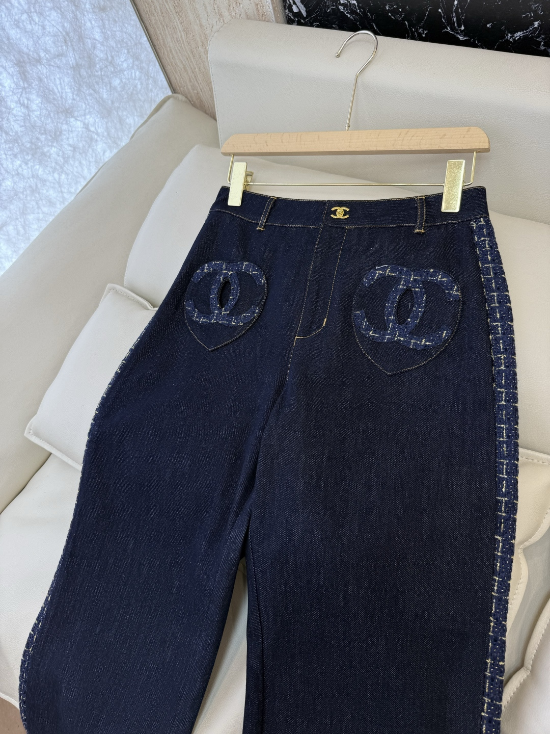 GU085#新款牛仔裤⚠️工厂特批‼️小香风 牛仔拼接格纹 双C牛仔裤 SML