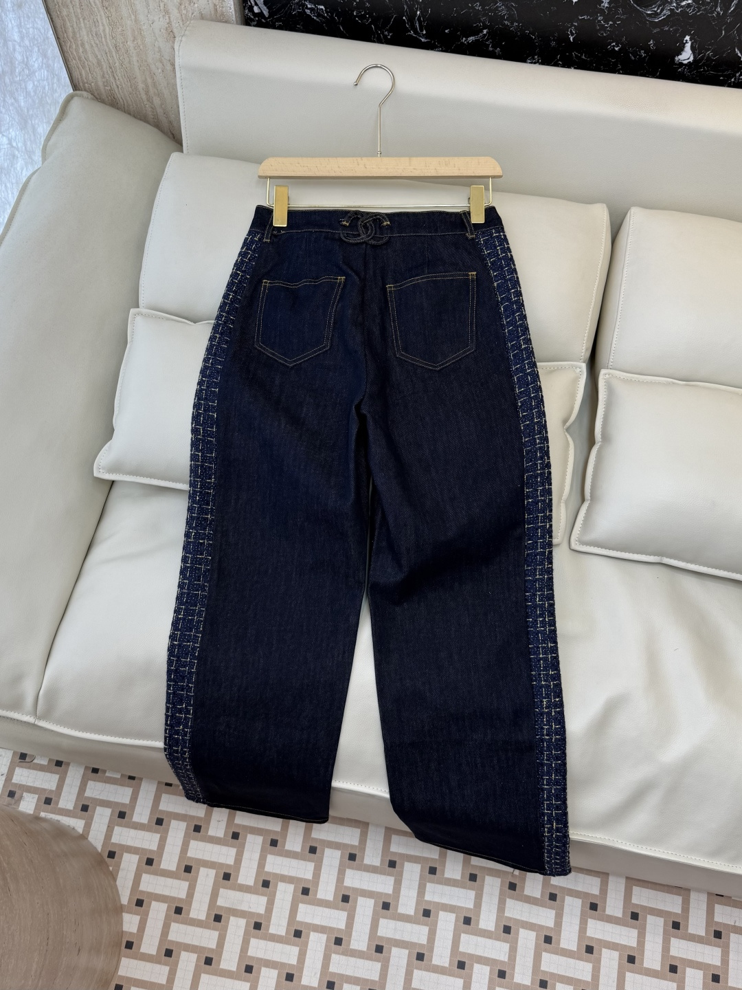 GU085#新款牛仔裤⚠️工厂特批‼️小香风 牛仔拼接格纹 双C牛仔裤 SML