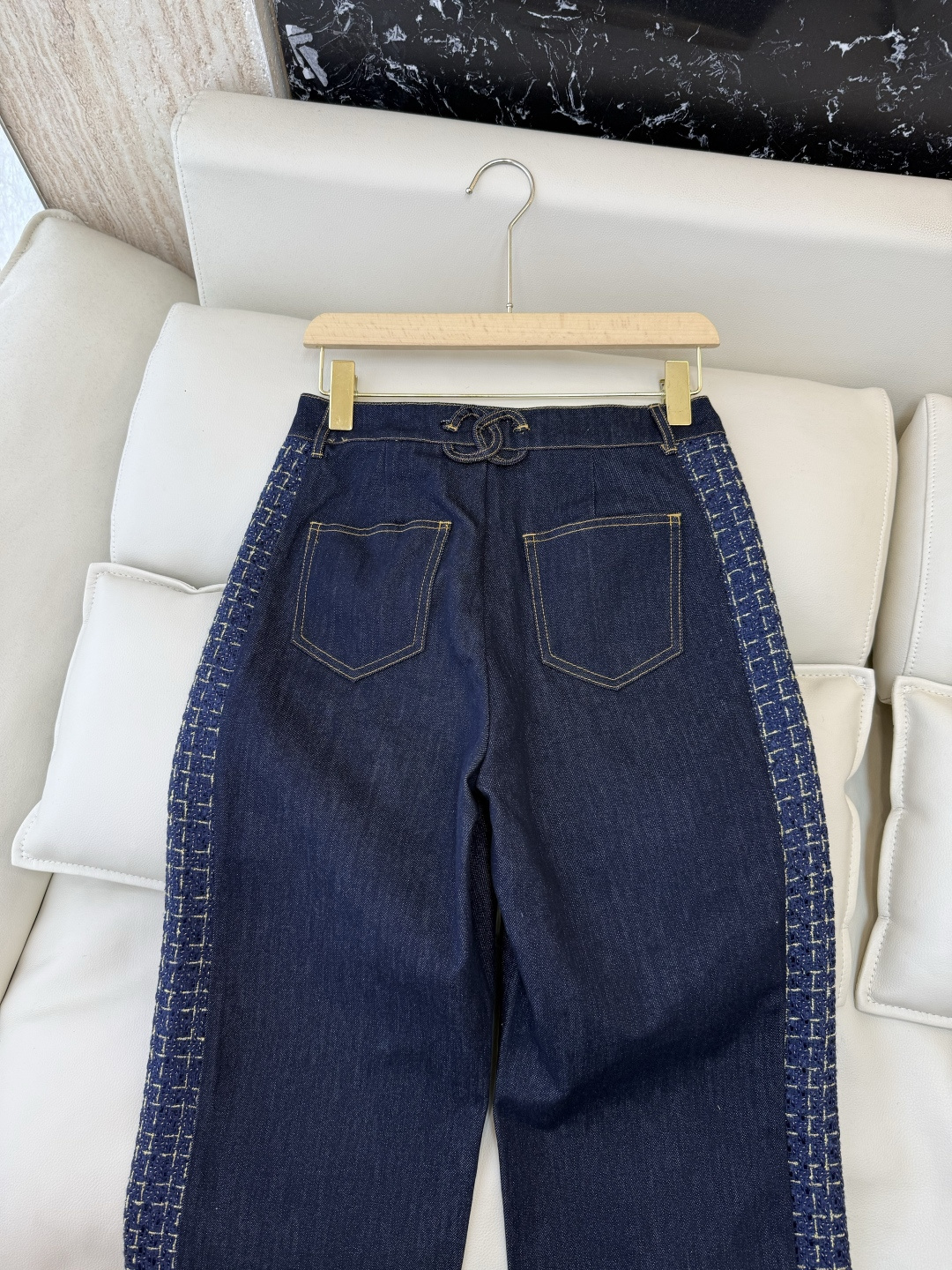 GU085#新款牛仔裤⚠️工厂特批‼️小香风 牛仔拼接格纹 双C牛仔裤 SML