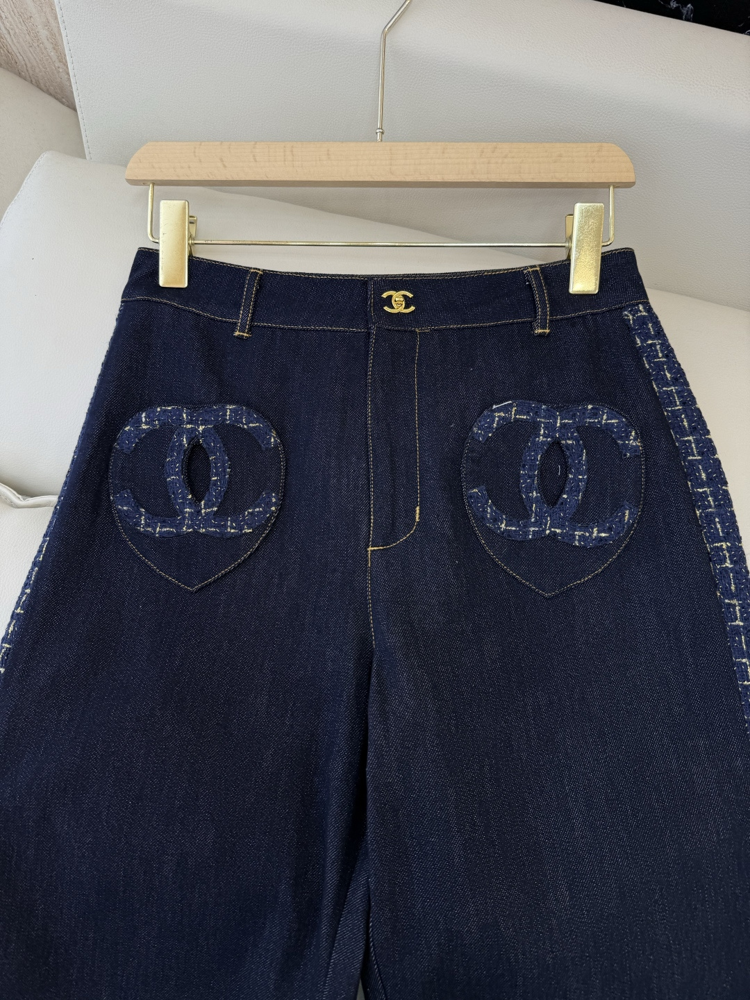 GU085#新款牛仔裤⚠️工厂特批‼️小香风 牛仔拼接格纹 双C牛仔裤 SML